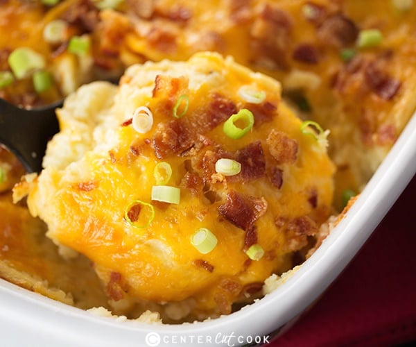 loaded potato casserole with cheese and bacon